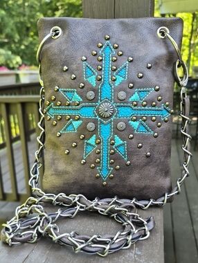 P&G Brown Faux leather Turquoise studded moto Western crossbody Chain Strap bag
